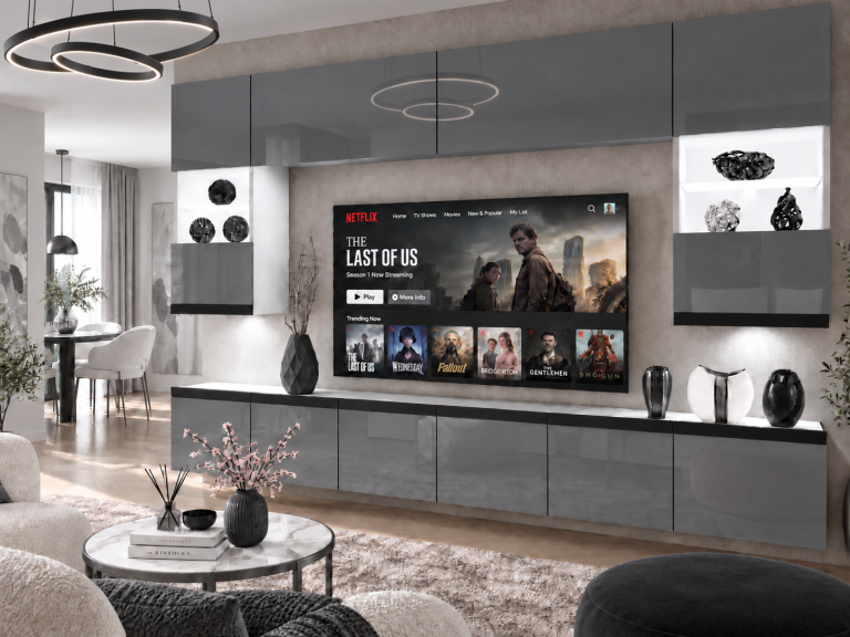 Parete attrezzata Prestige 300 cm TV/RTV grigia lucida Produttore IMP P1 Nolan 1/5/W/S/0/0/CM