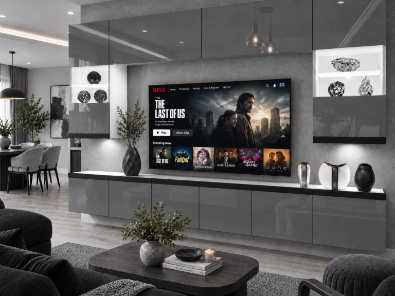 Parete attrezzata Prestige 300 cm TV/RTV grigia lucida Produttore IMP P1 Nolan 1/5/W/S/0/0/CM