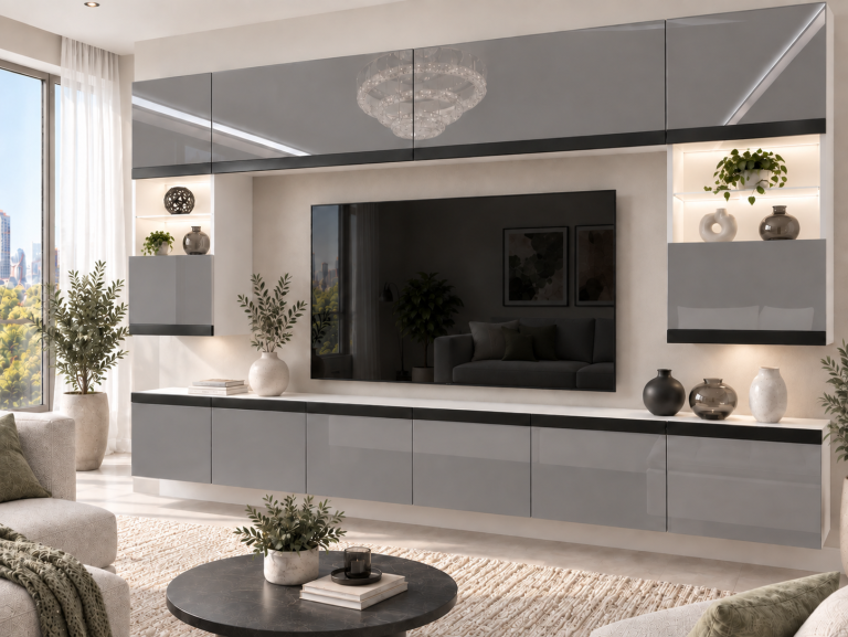 Parete attrezzata Prestige 300 cm TV/RTV grigia lucida Produttore IMP P2 Nolan 1/5/W/S/0/0/CM