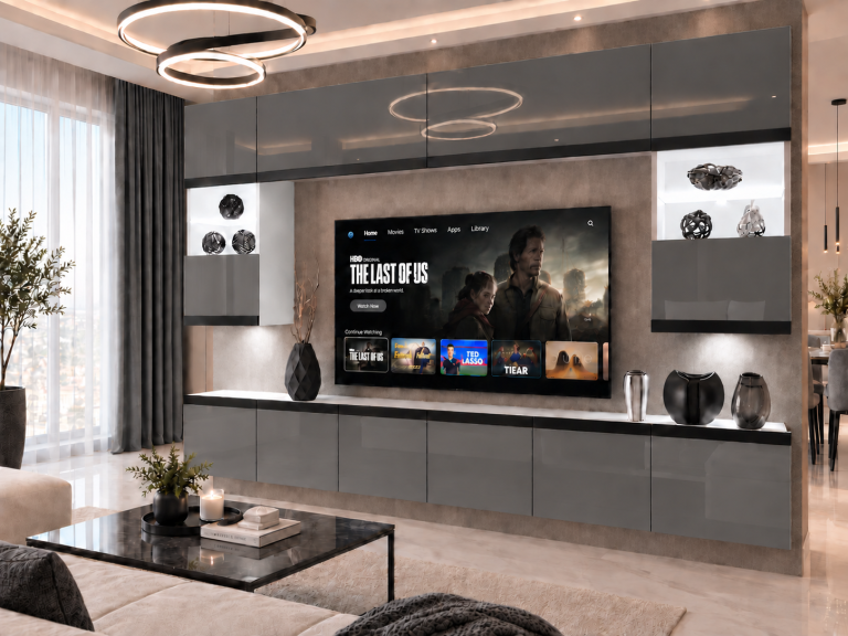 Parete attrezzata Prestige 300 cm TV/RTV grigia lucida Produttore IMP P2 Nolan 1/5/W/S/0/0/CM