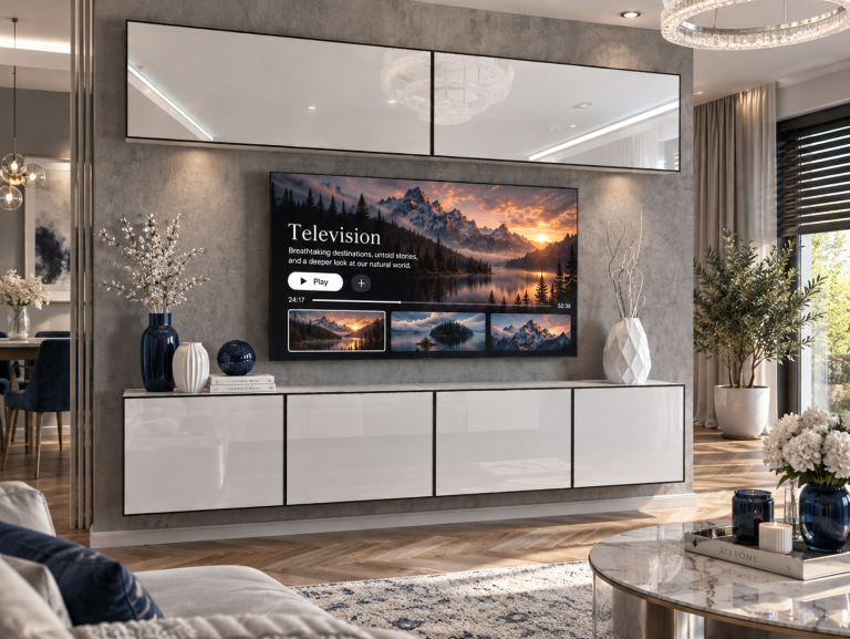 Parete attrezzata Linea 200 cm TV/RTV bianca lucida Produttore IMP L Brando 6/5/W/W/0/0