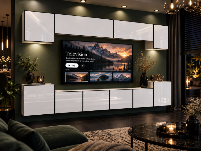 Parete attrezzata Linea 300 cm TV/RTV bianca lucida Produttore IMP L Hepburn 4/5/W/W/0/0