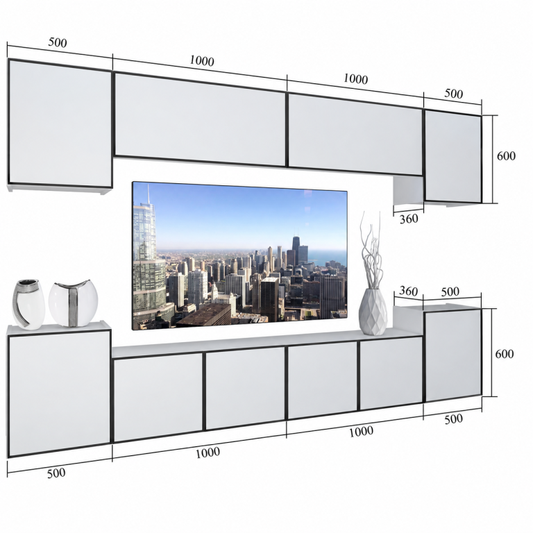 Parete attrezzata Linea 300 cm TV/RTV bianca lucida Produttore IMP L Hepburn 4/5/W/W/0/0