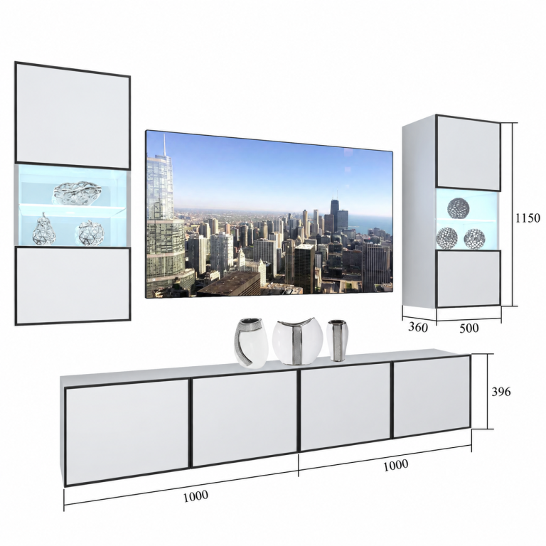 Parete attrezzata Linea 200 cm TV/RTV bianca lucida Produttore IMP L Keanu 7/5/W/W/0/0