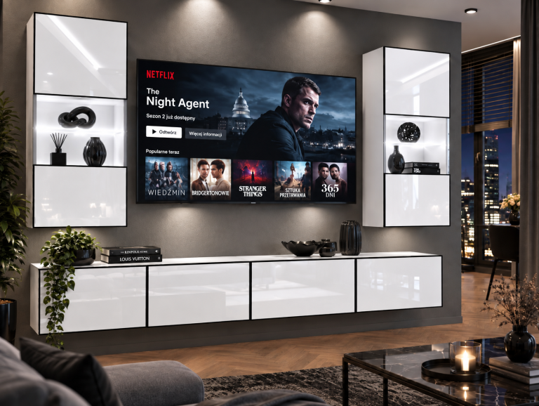 Parete attrezzata Linea 200 cm TV/RTV bianca lucida Produttore IMP L Keanu 7/5/W/W/0/0