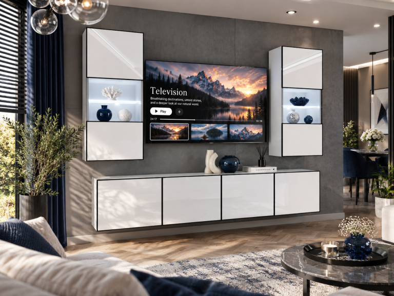 Parete attrezzata Linea 200 cm TV/RTV bianca lucida Produttore IMP L Keanu 7/5/W/W/0/0
