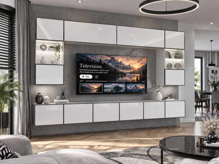 Parete attrezzata Linea 300 cm TV/RTV bianca lucida Produttore IMP L Nolan 1/5/W/W/0/0