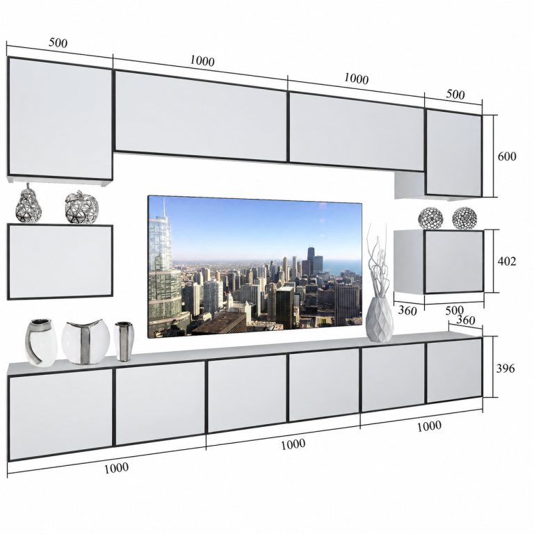 Parete attrezzata Linea 300 cm TV/RTV bianca lucida Produttore IMP L Tarantino 3/5/W/W/0/0