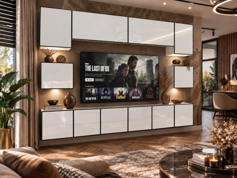 Parete attrezzata Linea 300 cm TV/RTV bianca lucida Produttore IMP L Tarantino 3/5/W/W/0/0
