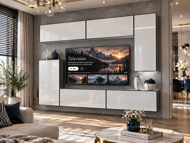 Parete attrezzata Linea 250 cm TV/RTV bianca lucida Produttore IMP L Woody 8/5/W/W/0/0