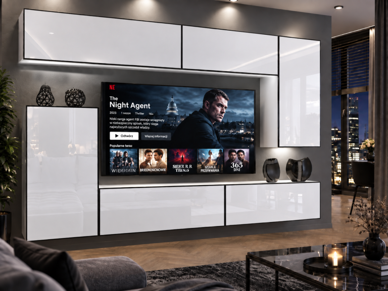 Parete attrezzata Linea 250 cm TV/RTV bianca lucida Produttore IMP L Woody 8/5/W/W/0/0