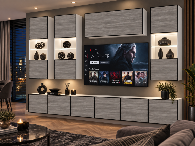 Parete attrezzata Linea 300 cm TV/RTV grigia antracite grafite Produttore IMP L Pacino 5/5/W/GW1/0/0