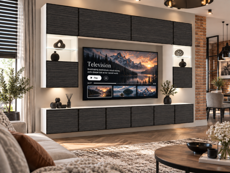 Parete attrezzata Linea 300 cm TV/RTV nera ebano Produttore IMP L Nolan 1/5/W/HK/0/0