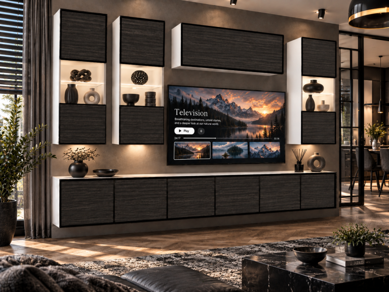 Parete attrezzata Linea 300 cm TV/RTV nera ebano Produttore IMP L Pacino 5/5/W/HK/0/0