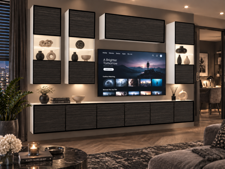 Parete attrezzata Linea 300 cm TV/RTV nera ebano Produttore IMP L Pacino 5/5/W/HK/0/0