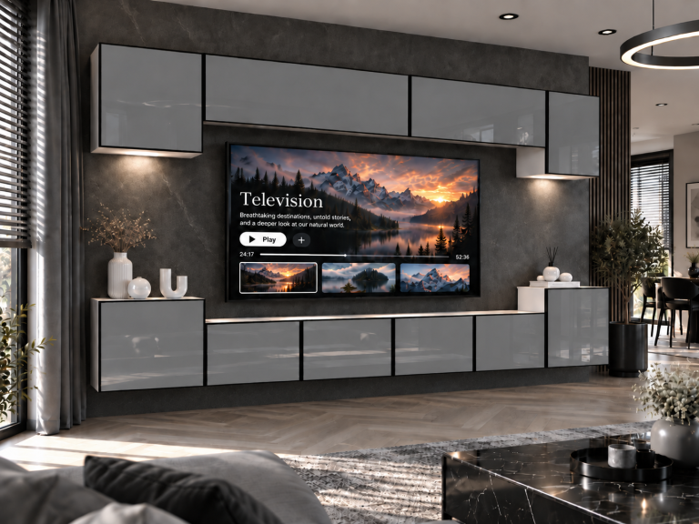 Parete attrezzata Linea 300 cm TV/RTV grigia lucida Produttore IMP L Hepburn 4/5/W/S/0/0