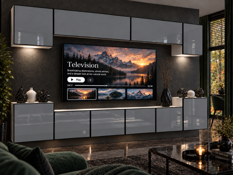 Parete attrezzata Linea 300 cm TV/RTV grigia lucida Produttore IMP L Hepburn 4/5/W/S/0/0