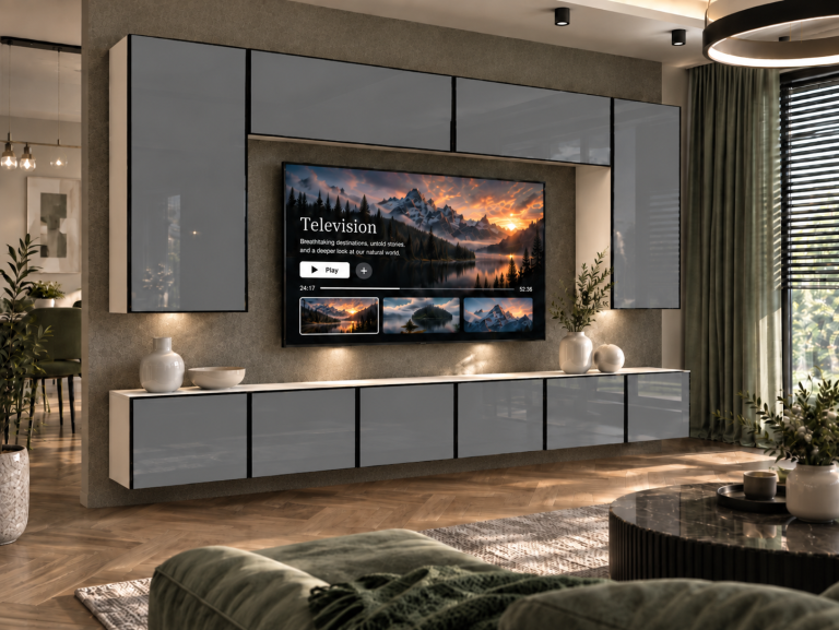 Parete attrezzata Linea 300 cm TV/RTV grigia lucida Produttore IMP L Monroe 2/5/W/S/0/0