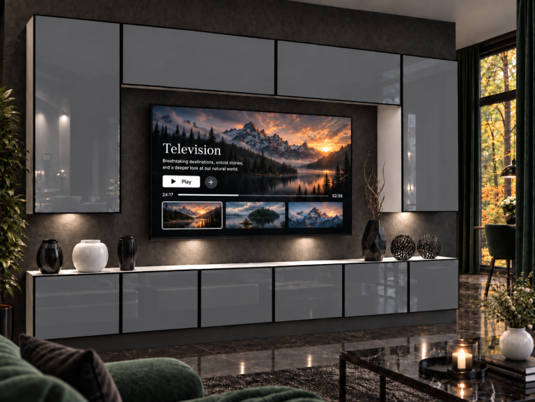 Parete attrezzata Linea 300 cm TV/RTV grigia lucida Produttore IMP L Monroe 2/5/W/S/0/0