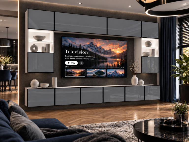 Parete attrezzata Linea 300 cm TV/RTV grigia lucida Produttore IMP L Nolan 1/5/W/S/0/0