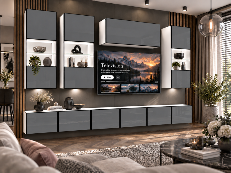 Parete attrezzata Linea 300 cm TV/RTV grigia lucida Produttore IMP L Pacino 5/5/W/S/0/0