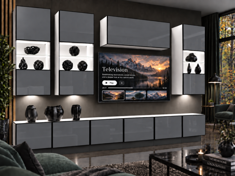 Parete attrezzata Linea 300 cm TV/RTV grigia lucida Produttore IMP L Pacino 5/5/W/S/0/0