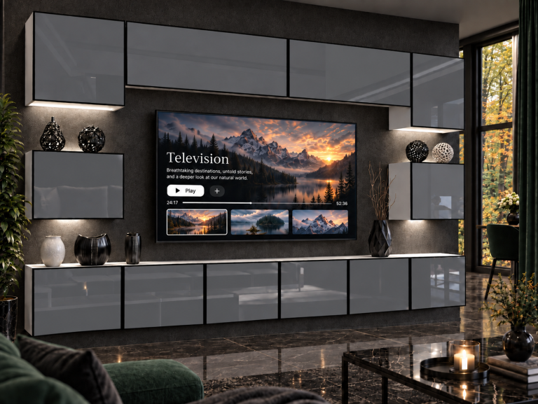 Parete attrezzata Linea 300 cm TV/RTV grigia lucida Produttore IMP L Tarantino 3/5/W/S/0/0