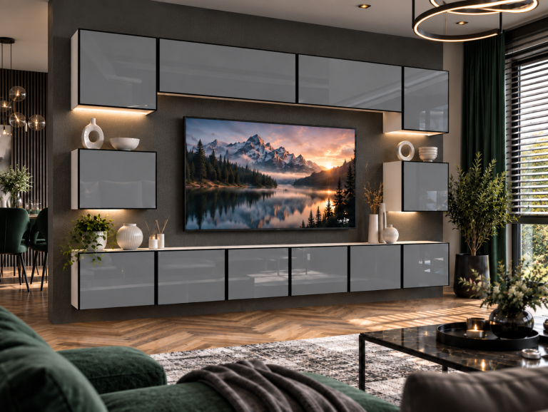 Parete attrezzata Linea 300 cm TV/RTV grigia lucida Produttore IMP L Tarantino 3/5/W/S/0/0
