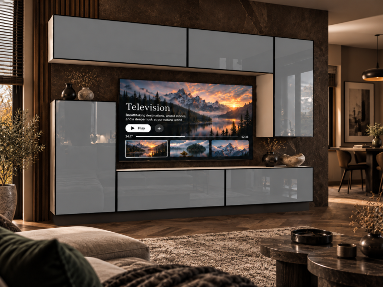 Parete attrezzata Linea 250 cm TV/RTV grigia lucida Produttore IMP L Woody 8/5/W/S/0/0