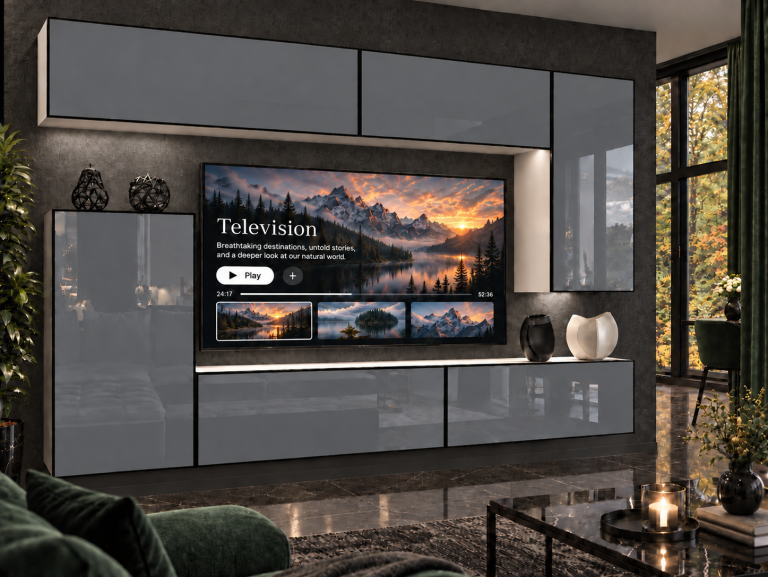 Parete attrezzata Linea 250 cm TV/RTV grigia lucida Produttore IMP L Woody 8/5/W/S/0/0