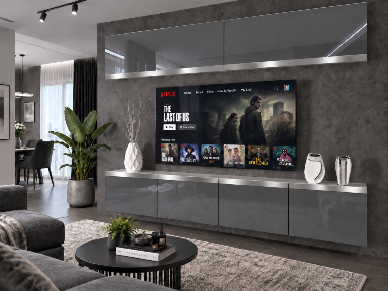 Parete attrezzata Prestige 200 cm TV/RTV grigia lucida Produttore IMP P Brando 6/5/W/S/0/0/SL