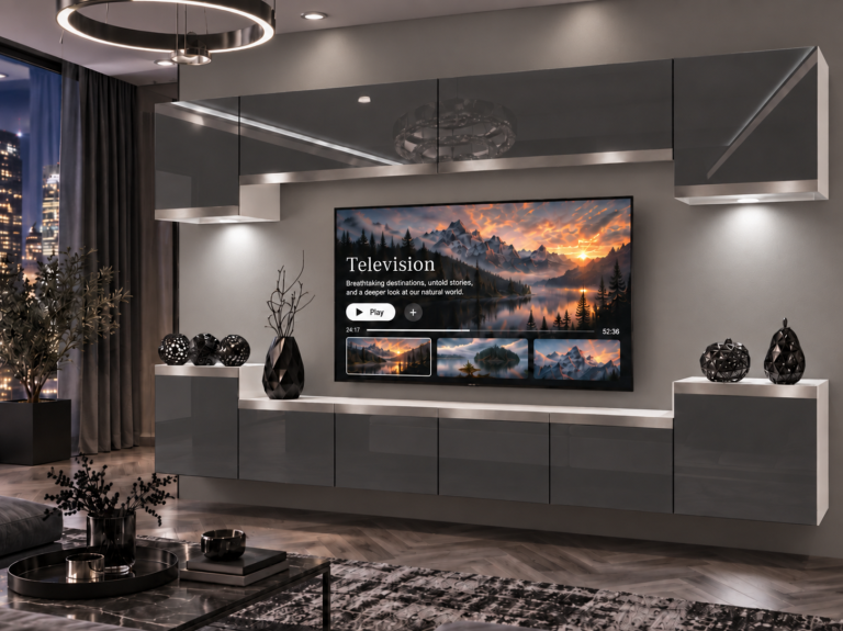 Parete attrezzata Prestige 300 cm TV/RTV grigia lucida Produttore IMP P Hepburn 4/5/W/S/0/0/SL