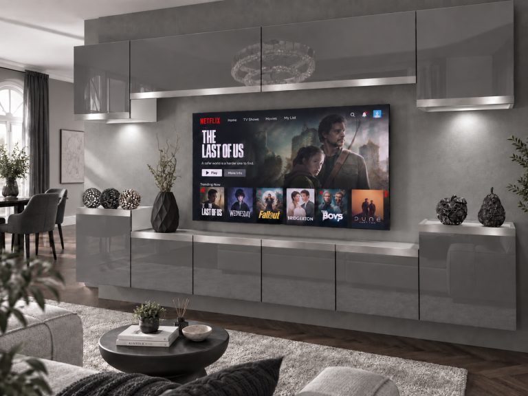 Parete attrezzata Prestige 300 cm TV/RTV grigia lucida Produttore IMP P Hepburn 4/5/W/S/0/0/SL