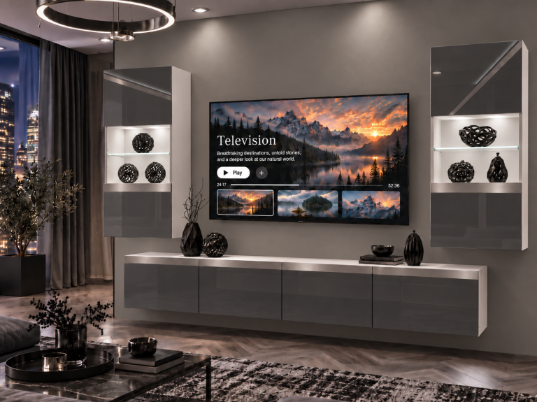 Parete attrezzata Prestige 200 cm TV/RTV grigia lucida Produttore IMP P Keanu 7/5/W/S/0/0/SL