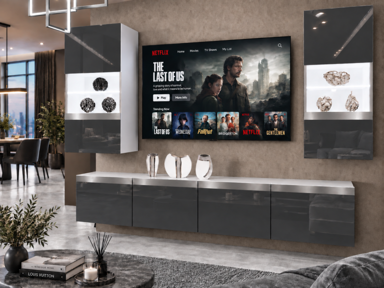 Parete attrezzata Prestige 200 cm TV/RTV grigia lucida Produttore IMP P Keanu 7/5/W/S/0/0/SL