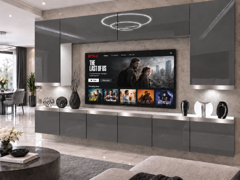 Parete attrezzata Prestige 300 cm TV/RTV grigia lucida Produttore IMP P Monroe 2/5/W/S/0/0/SL