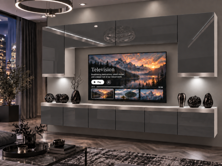 Parete attrezzata Prestige 300 cm TV/RTV grigia lucida Produttore IMP P Monroe 2/5/W/S/0/0/SL