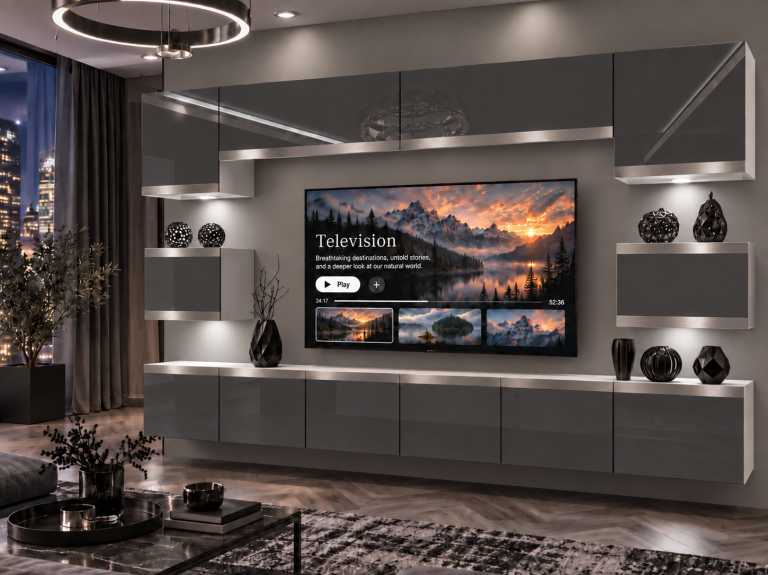 Parete attrezzata Prestige 300 cm TV/RTV grigia lucida Produttore IMP P Tarantino 3/5/W/S/0/0/SL