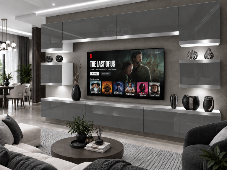 Parete attrezzata Prestige 300 cm TV/RTV grigia lucida Produttore IMP P Tarantino 3/5/W/S/0/0/SL