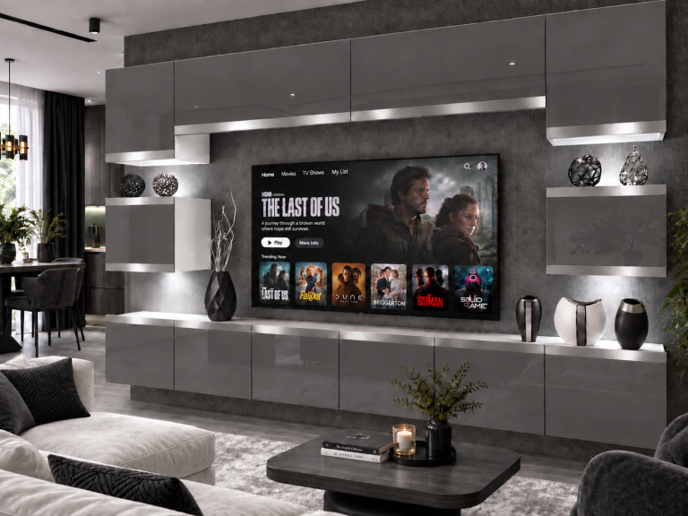 Parete attrezzata Prestige 300 cm TV/RTV grigia lucida Produttore IMP P Tarantino 3/5/W/S/0/0/SL
