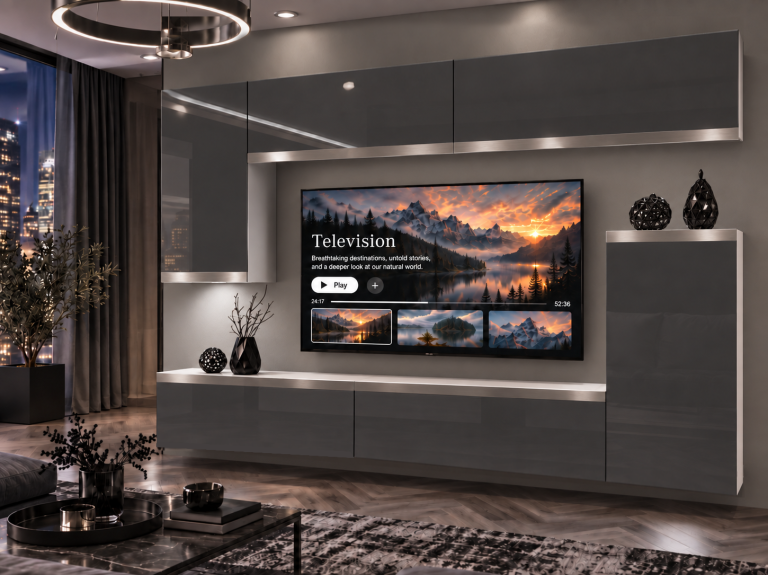 Parete attrezzata Prestige 250 cm TV/RTV grigia lucida Produttore IMP P Woody 8/5/W/S/0/0/SL
