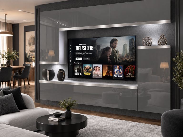 Parete attrezzata Prestige 250 cm TV/RTV grigia lucida Produttore IMP P Woody 8/5/W/S/0/0/SL