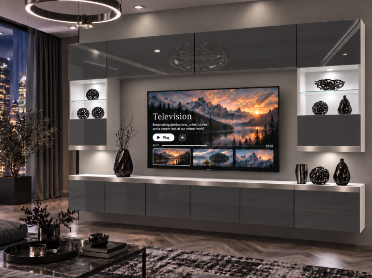 Parete attrezzata Prestige 300 cm TV/RTV grigia lucida Produttore IMP P2 Nolan 1/5/W/S/0/0/SL