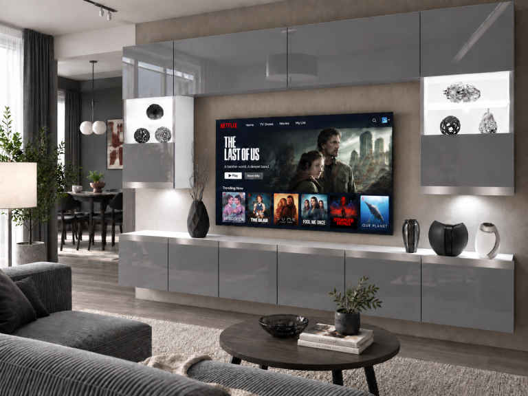 Parete attrezzata Prestige 300 cm TV/RTV grigia lucida Produttore IMP P2 Nolan 1/5/W/S/0/0/SL