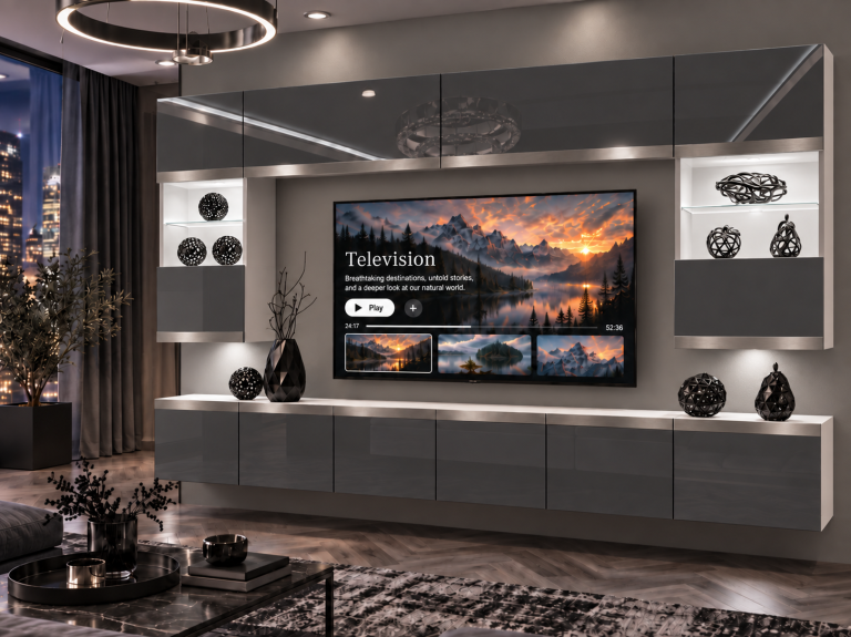 Parete attrezzata Prestige 300 cm TV/RTV grigia lucida Produttore IMP P2 Nolan 1/5/W/S/0/0/SL