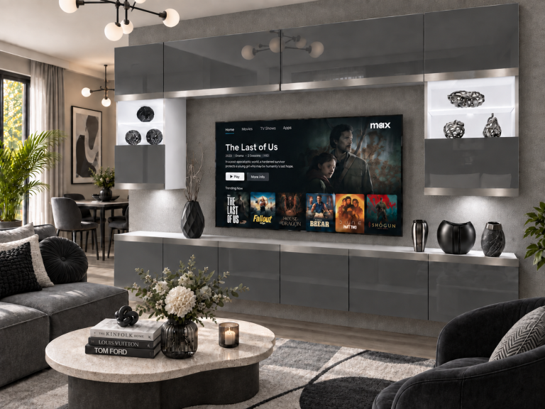 Parete attrezzata Prestige 300 cm TV/RTV grigia lucida Produttore IMP P2 Nolan 1/5/W/S/0/0/SL