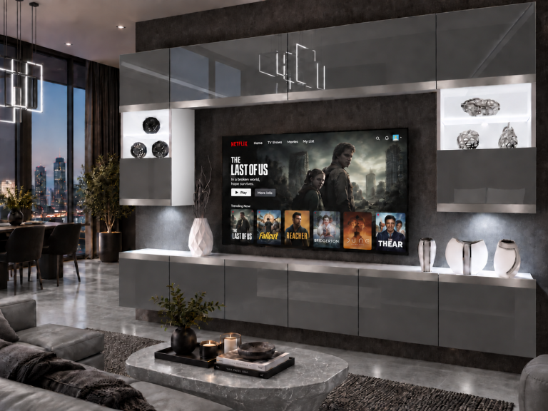 Parete attrezzata Prestige 300 cm TV/RTV grigia lucida Produttore IMP P2 Nolan 1/5/W/S/0/0/SL
