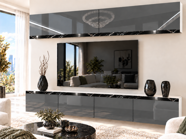 Parete attrezzata Prestige 200 cm TV/RTV grigia lucida Produttore IMP P Brando 6/5/W/S/0/0/CS