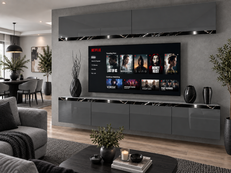 Parete attrezzata Prestige 200 cm TV/RTV grigia lucida Produttore IMP P Brando 6/5/W/S/0/0/CS