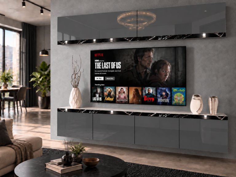 Parete attrezzata Prestige 200 cm TV/RTV grigia lucida Produttore IMP P Brando 6/5/W/S/0/0/CS